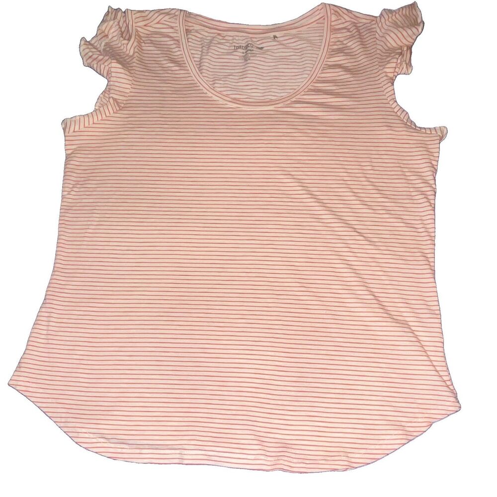Toad&Co Women's XL White Orange Striped Scoop Neck Ruffle Sleeve T-Shirt